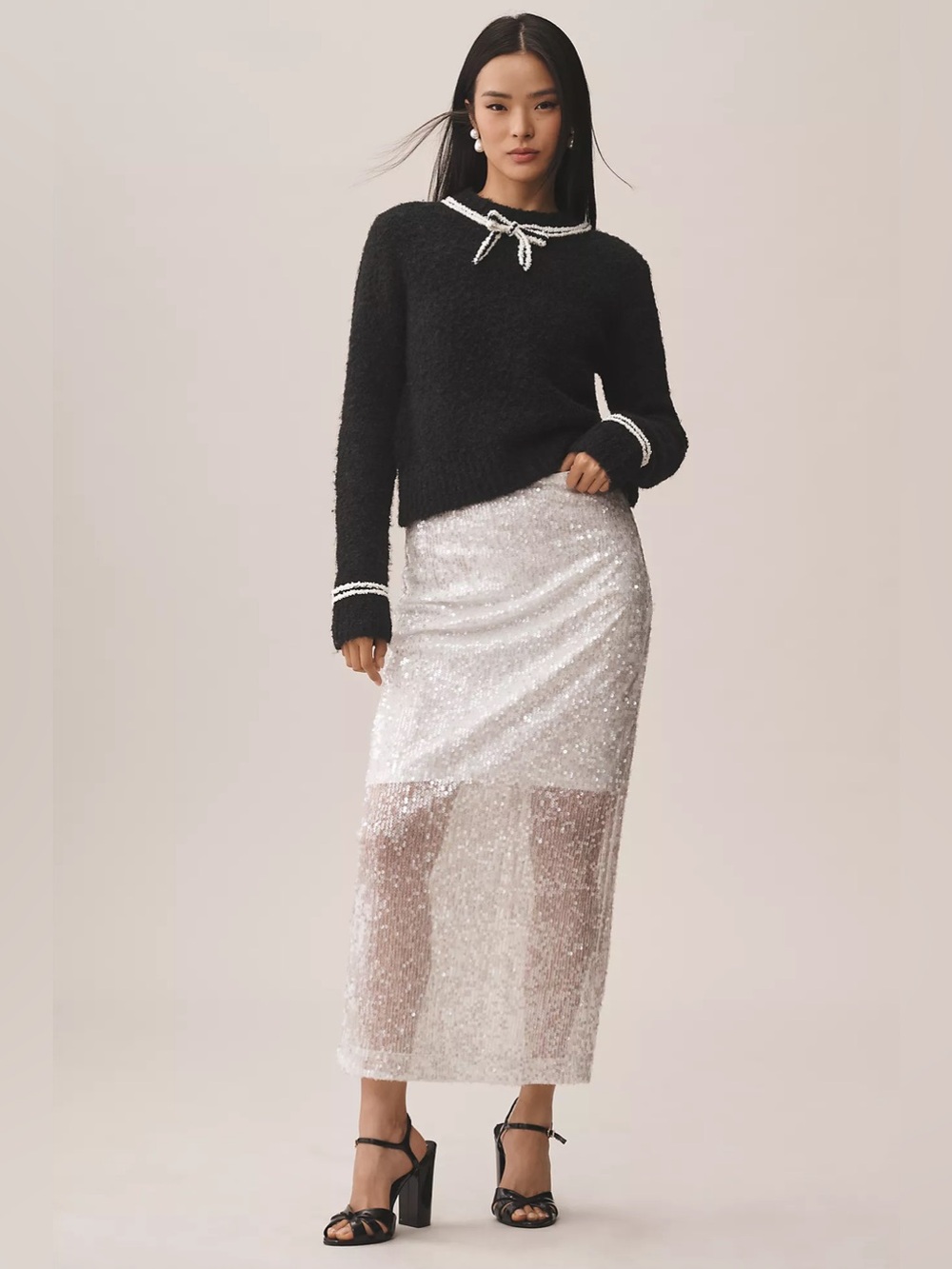 Grey Lab Sheer Sequin Midi Skirt White Size M NWOT Anthropologie